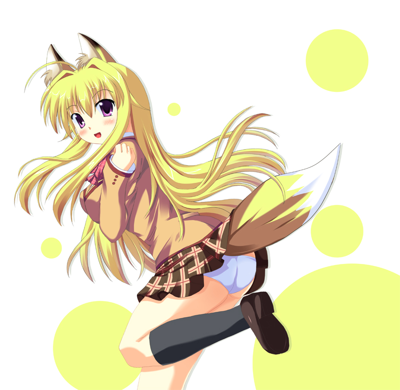 animal_ears blonde_hair fox_ears kanokon kneehighs long_hair minamoto_chizuru odayan panties plaid plaid_skirt purple_eyes school_uniform serafuku skirt socks solo tail underwear