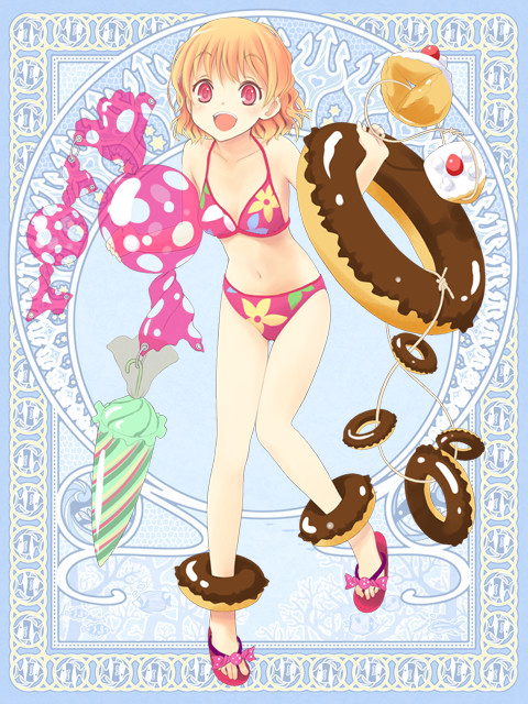 bikini blonde_hair candy doughnut food red_eyes sandals silver_rain solo swimsuit toshiya umbrella