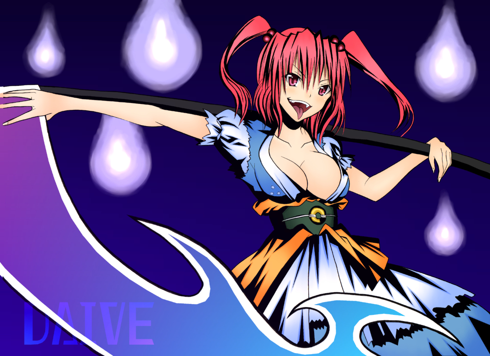 alternate_weapon breasts cleavage daive hitodama large_breasts onozuka_komachi red_eyes red_hair scythe short_hair solo tongue touhou weapon