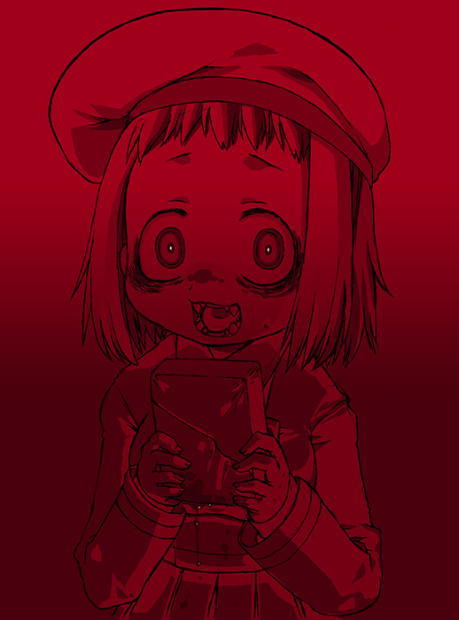 bad_id bad_pixiv_id blood constricted_pupils crazy_eyes fangs harukaze_unipo hat holding horror_(theme) looking_at_viewer open_mouth original red solo teeth valentine yukari-chan zombie