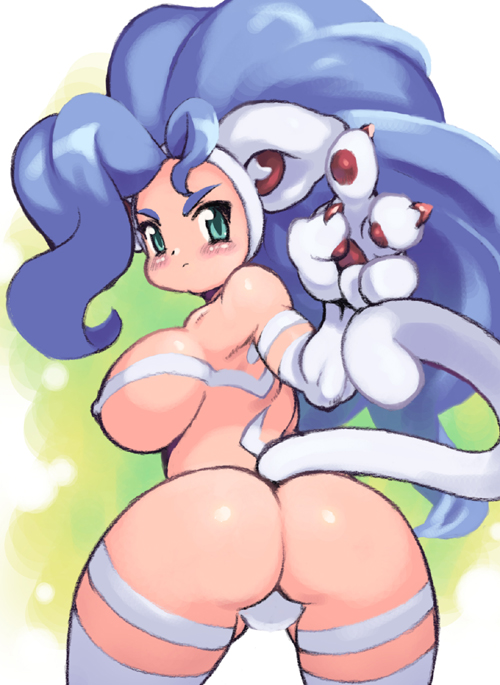 animal_ears ass big_hair blue_hair blush breasts cat_ears cat_paws cat_tail felicia large_breasts long_hair paws solo tail vampire_(game) yu_3