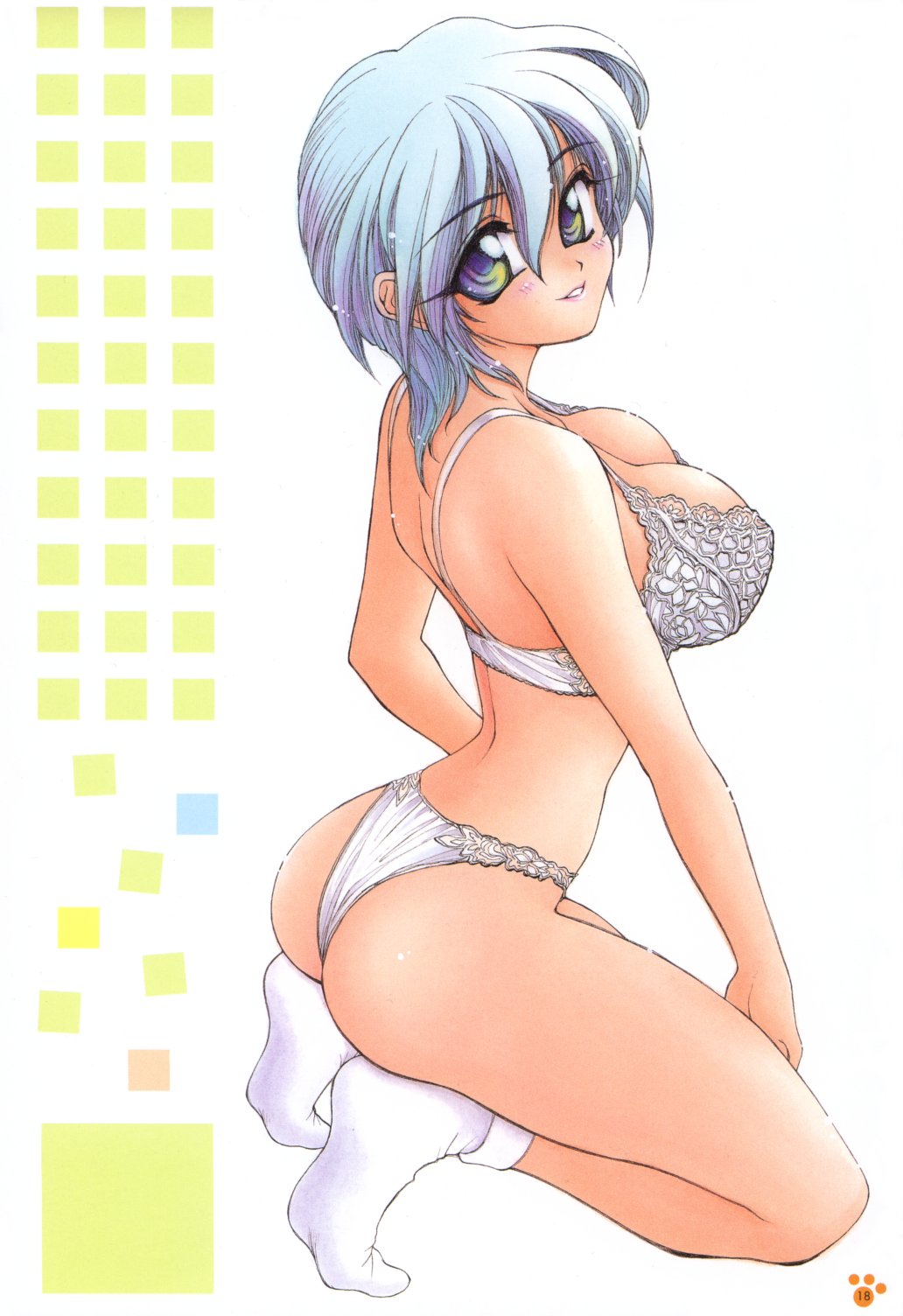 amaori_tatsuki ass blue_eyes blue_hair bra breasts feet highres kneeling large_breasts lingerie non-web_source panties pretty_cats_showtime short_hair socks solo thong underwear underwear_only