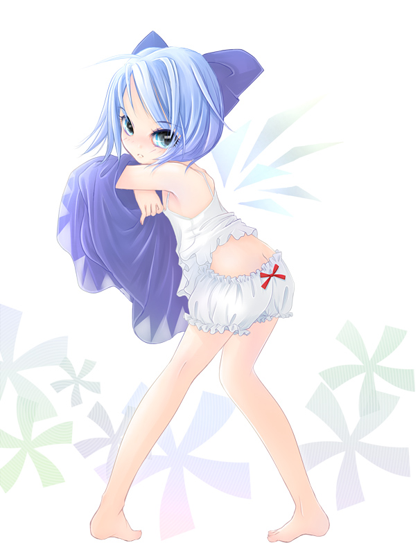 barefoot bloomers blue_eyes blue_hair bow butt_crack camisole child cirno eyelashes flat_chest from_behind hair_bow kubozuka_pikurou looking_back short_hair solo touhou underwear undressing wardrobe_error white_bloomers wings