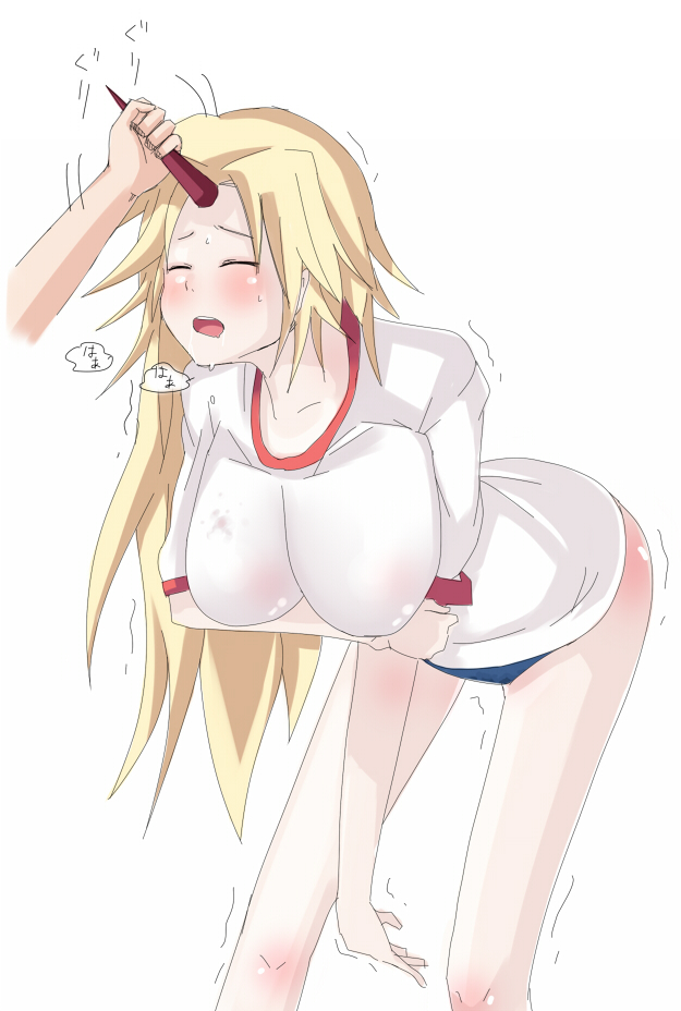 1girl bad_id bad_pixiv_id bent_over blonde_hair blush breasts closed_eyes hanging_breasts hetero horn hornjob hoshiguma_yuugi huge_breasts impossible_clothes impossible_shirt long_hair open_mouth ryouma_(galley) shirt solo_focus touhou trembling