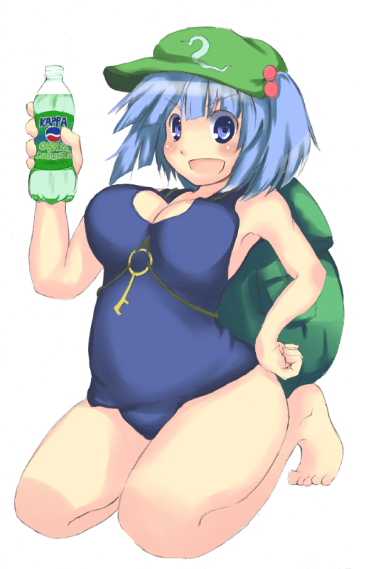 backpack bag belly blue_eyes blue_hair blush bottle breasts cleavage hair_bobbles hair_ornament hat kawashiro_nitori key kuroto_(asgardh) large_breasts one-piece_swimsuit pepsi_ice_cucumber ribbon school_swimsuit seiza short_hair sitting solo swimsuit touhou two_side_up