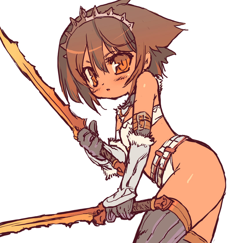 ass bad_id bad_pixiv_id blade_(galaxist) brown_eyes brown_hair crown gloves hat monster_hunter solo sword thighhighs weapon