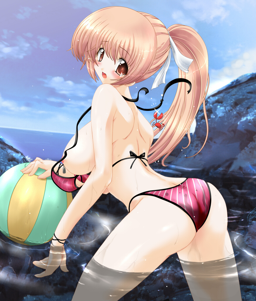 artist_request ass bikini blush breasts brown_hair crab crustacean day dead_or_alive diagonal_stripes kasumi_(doa) large_breasts ponytail red_eyes solo striped striped_bikini surprised swimsuit thighs wardrobe_malfunction water wet