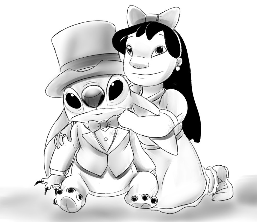 2019 4_toes alien bottomless bow_tie claws clothed clothing disney dress duo ear_piercing ears_down experiment_(species) greyscale hair hair_bow hair_ribbon hat human kneeling lilo_and_stitch lilo_pelekai long_hair lullaby-of-the-lost mammal monochrome pawpads piercing ribbons ring simple_background sitting stitch toes top_hat white_background