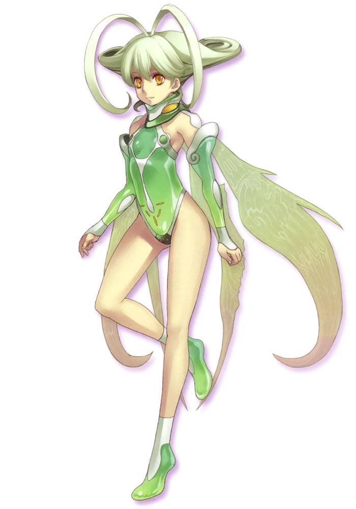 antenna_hair ar_tonelico ar_tonelico_ii bangs boots curly_hair detached_sleeves fairy_wings flat_chest frelia from_side full_body gradient gradient_wings green_hair green_leotard halterneck leg_lift legs leotard light_smile multicolored multicolored_wings nagi_ryou official_art orange_eyes shadow short_hair simple_background smile solo standing standing_on_one_leg turtleneck wings