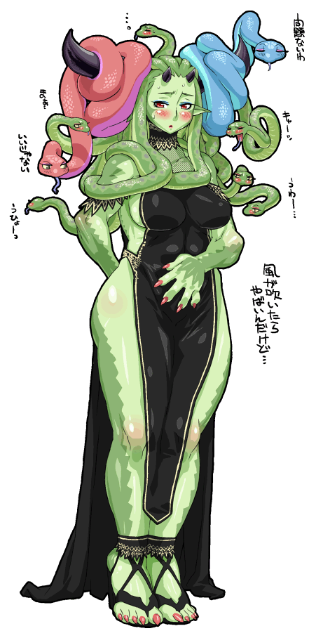 black_dress blush breasts choker claws copyright_request dress gorgon green_skin high_heels horns impossible_clothes impossible_dress large_breasts monster_girl nezunezu plump pointy_ears scales shoes sideboob solo translated