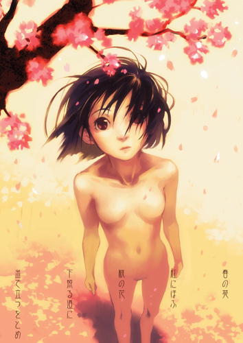 black_hair breasts brown_eyes cherry_blossoms from_above hair_over_one_eye looking_up lowres navel nishimura_eri no_nipples nude original petals short_hair skinny small_breasts solo wind