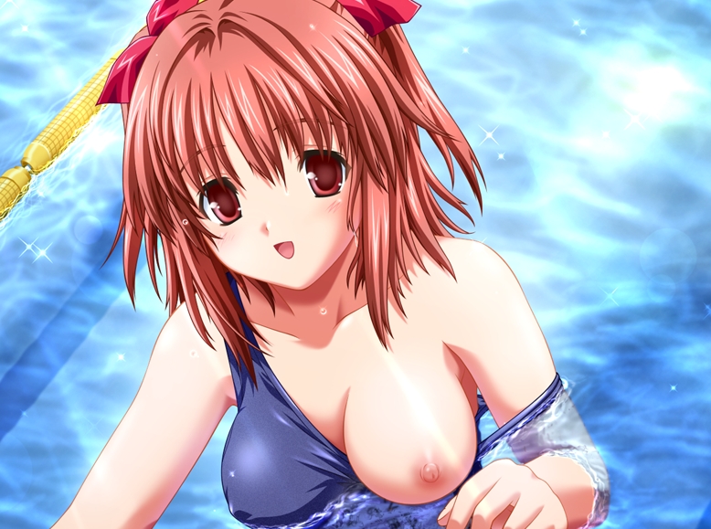 :d bangs blue_swimsuit blush breast_slip breasts covered_nipples game_cg hair_intakes hair_ribbon happy lane_line large_breasts looking_at_viewer makino_konoha nekonyan nipples one-piece_swimsuit one_breast_out open_mouth partially_submerged pool raspberry_(game) red_eyes red_hair ribbon school_swimsuit short_hair smile solo sparkle strap_slip swimsuit two_side_up upper_body wardrobe_malfunction water
