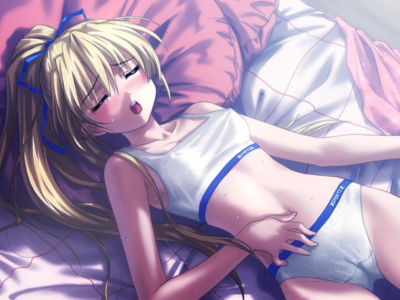 bangs bed blonde_hair blush bra breasts cameltoe closed_eyes covered_nipples dutch_angle from_above fujimiya_nozomi game_cg hair_ribbon lingerie long_hair lying on_back open_mouth panties pillow ponytail ribbon sleeping small_breasts solo sports_bra sweat underwear underwear_only white_bra white_panties wind_a_breath_of_heart yuuki_tatsuya