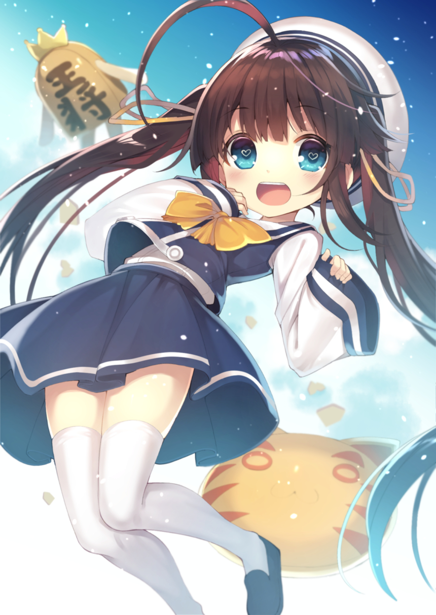 1girl :d ahoge bangs beret black_footwear blue_eyes blue_skirt blue_sky blue_vest blurry blurry_background blush brown_hair cat_pillow cloud cloudy_sky commentary_request crown day depth_of_field eyebrows_visible_through_hair gurasion_(gurasion) hair_between_eyes hat heart heart-shaped_pupils highres hinatsuru_ai loafers long_hair long_sleeves open_mouth outdoors pinching_sleeves ryuuou_no_oshigoto! sailor_collar school_uniform serafuku shirt shoes shougi_piece skirt sky sleeves_past_wrists smile solo symbol-shaped_pupils thighhighs twintails upper_teeth very_long_hair vest white_hat white_legwear white_sailor_collar white_shirt wide_sleeves