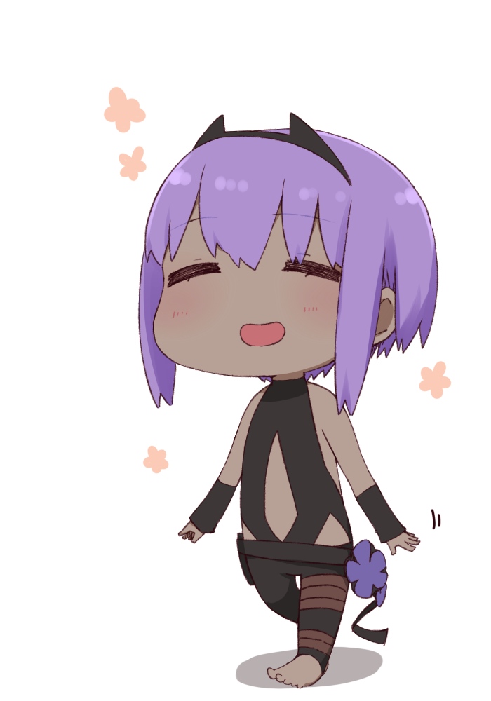 1girl :d bangs bare_shoulders black_bodysuit blush bodysuit chibi eyebrows_visible_through_hair eyes_closed facing_viewer fate/prototype fate/prototype:_fragments_of_blue_and_silver fate_(series) hair_between_eyes hassan_of_serenity_(fate) i.u.y open_mouth purple_hair shadow sidelocks smile solo stirrup_legwear toeless_legwear walking white_background