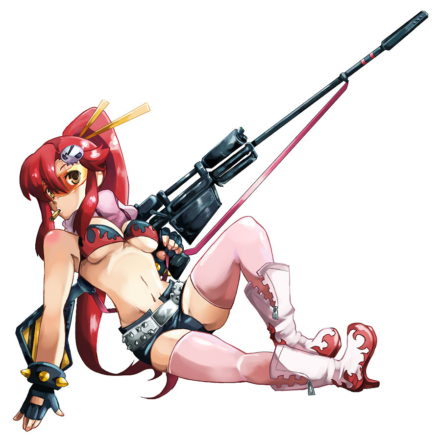 breasts gun kz-kura large_breasts long_hair midriff red_hair short_shorts shorts solo tengen_toppa_gurren_lagann thighhighs underboob weapon yoko_littner zipper