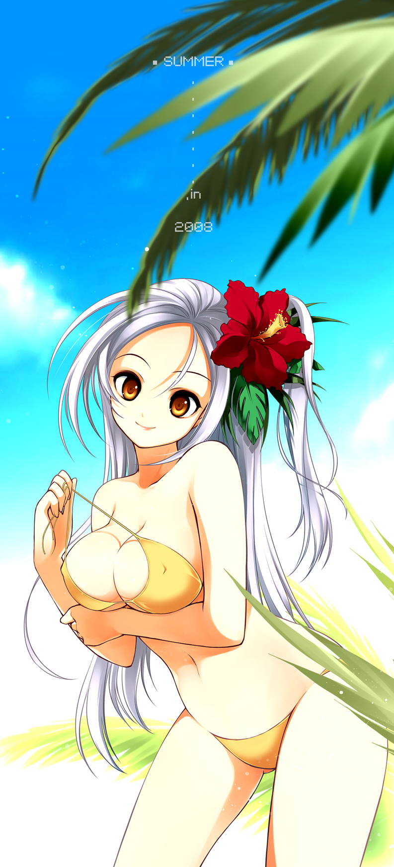 bad_id bad_pixiv_id bikini breast_hold breasts brown_eyes cleavage day flower hair_ornament hibiscus highres juna large_breasts long_hair original silver_hair smile solo swimsuit untied untied_bikini