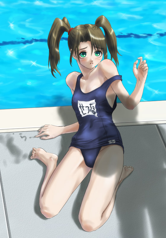 barefoot brown_hair copyright_request flat_chest green_eyes kneeling long_hair one-piece_swimsuit pool poolside rasukaru refraction scared school_swimsuit shadow short_twintails sitting solo_focus strap_slip swimsuit twintails writing you_gonna_get_raped