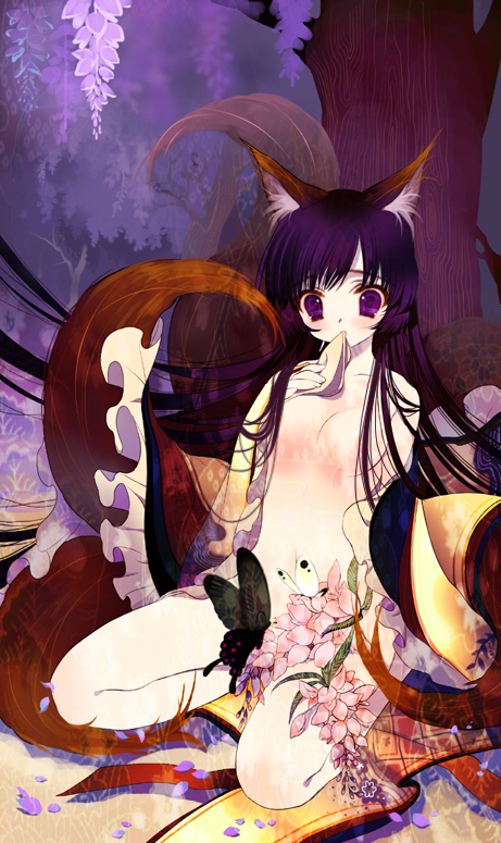 animal_ears artist_request breasts bug butterfly copyright_request flower insect nipples nude purple_eyes purple_hair small_breasts solo tail
