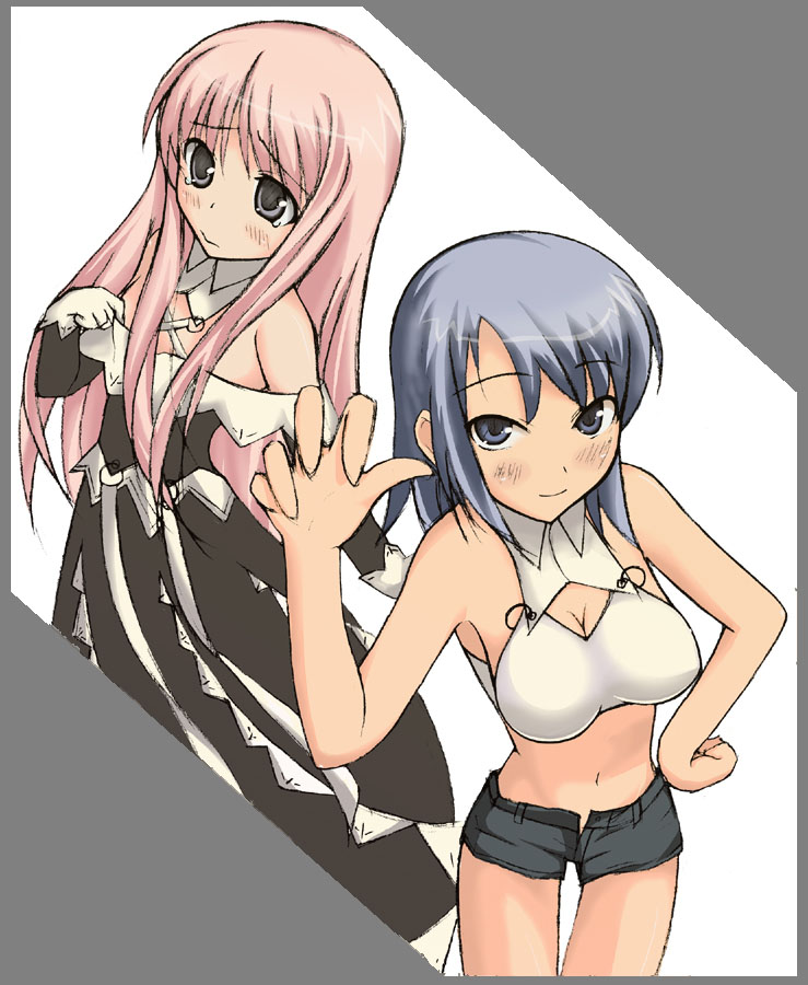 bare_shoulders blue_eyes blue_hair blush breasts cleavage copyright_request dress gloves large_breasts long_hair midriff multiple_girls pink_hair shimakaze short_hair short_shorts shorts tears