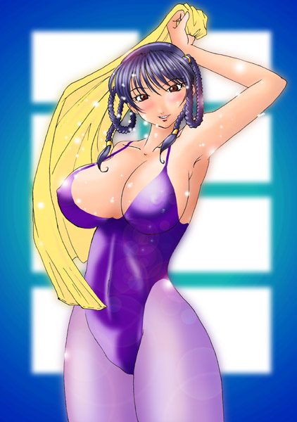 braid breasts covered_nipples dead_or_alive huge_breasts lei_fang leotard non-web_source pantyhose purple_leotard solo towel