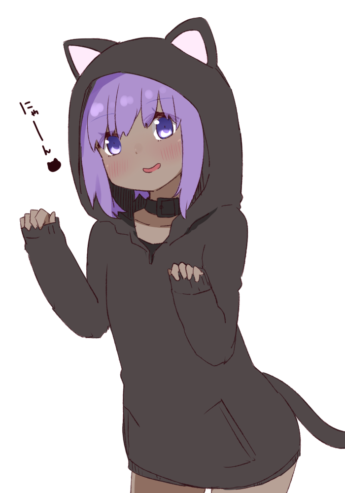 1girl :d alternate_costume animal_ears animal_hood bangs black_hoodie blush cat_ears cat_girl cat_hood cat_tail collarbone cowboy_shot eyebrows_visible_through_hair fate/prototype fate/prototype:_fragments_of_blue_and_silver fate_(series) hair_between_eyes hands_up hassan_of_serenity_(fate) head_tilt hood hood_up hoodie i.u.y long_sleeves open_mouth pinching_sleeves purple_eyes purple_hair sidelocks simple_background sleeves_past_wrists smile solo tail translation_request white_background