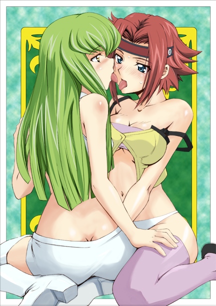 ass bangs bare_shoulders blue_eyes boots breasts butt_crack c.c. cleavage code_geass green_hair headband kallen_stadtfeld large_breasts long_hair midriff multiple_girls mutsuki_ginji panties red_hair short_hair strap_slip thigh_boots thighhighs tongue underboob underwear white_legwear white_panties yellow_eyes yuri