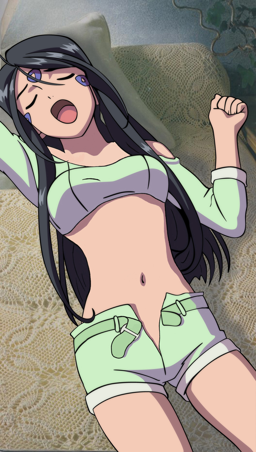 aa_megami-sama bed highres no_panties open_clothes open_fly open_shorts photoshop shaved_pussy shorts skuld sleeping stretch stretching unbuckled_belt unzipped vector vector_trace yawn yawning