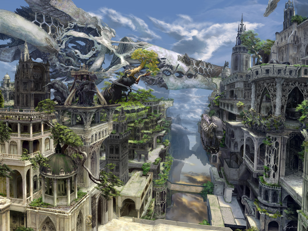 architecture artist_request blue_sky bridge building cloud cloudy_sky day dome fantasy floating_island lance no_humans original polearm ruins scenery sky statue tree weapon