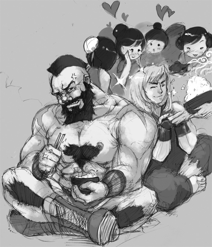 anger_vein angry beard diana_jakobsson eating facial_hair greyscale heart ken_masters monochrome multiple_boys rice sketch street_fighter topless zangief