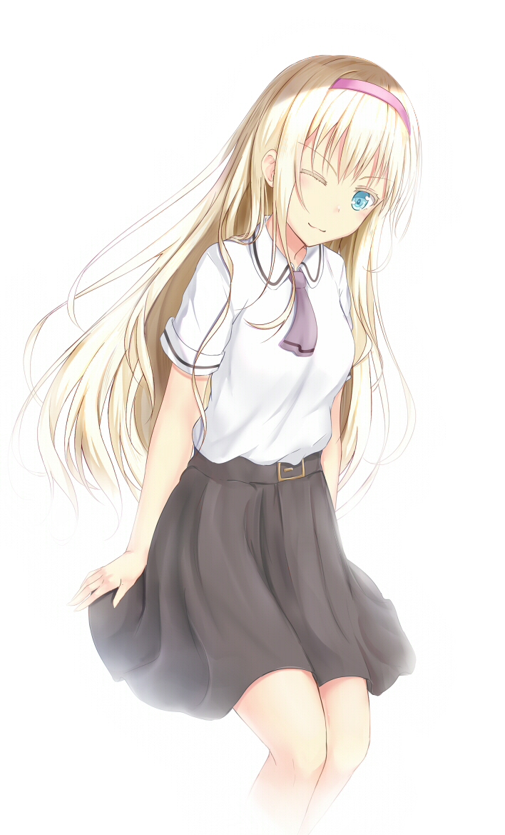 1girl :3 arms_at_sides asobi_asobase belt blonde_hair blue_eyes blush breasts brown_skirt closed_mouth collared_shirt eyebrows_visible_through_hair hairband long_hair looking_at_viewer muwa12 olivia_(asobi_asobase) one_eye_closed shirt short_sleeves simple_background skirt small_breasts smile solo white_background white_shirt