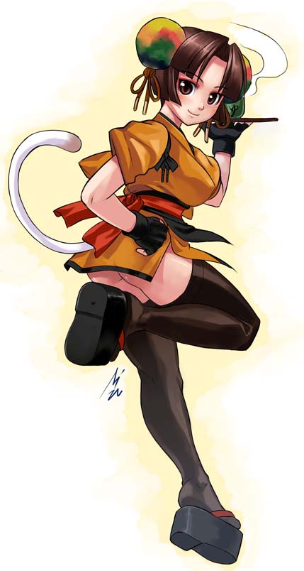 apron arc_system_works ass battle_fantasia brown_hair cat_tail cat_woman_waitress coyori japanese_clothes kimono legs platform_clogs poster_girl tail waitress