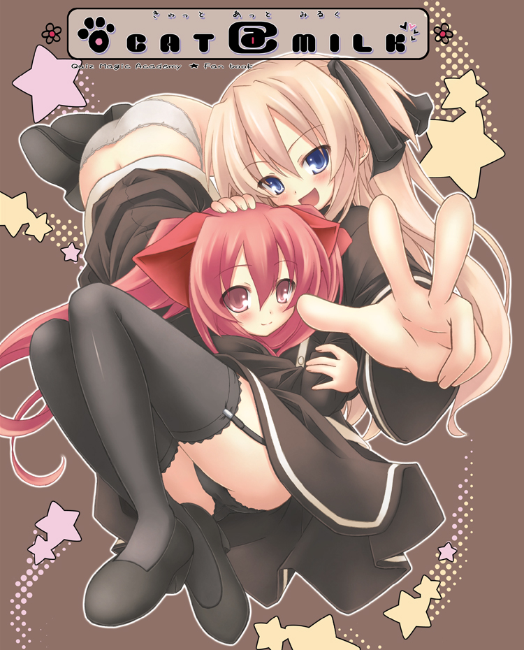 aloe_(quiz_magic_academy) animal_ears bad_id bad_pixiv_id black_panties blonde_hair blue_eyes cat_ears garters multiple_girls panties quiz_magic_academy red_eyes red_hair ryo shalon thighhighs underwear white_panties