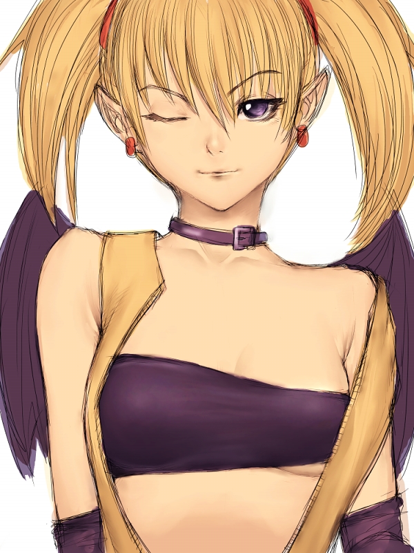 arcana_heart bandeau bare_shoulders blonde_hair breasts collar demon_girl earrings flat_chest fumio_(rsqkr) jewelry lilica_felchenerow midriff one_eye_closed pointy_ears purple_eyes small_breasts smile solo strapless tubetop twintails underboob vest wings