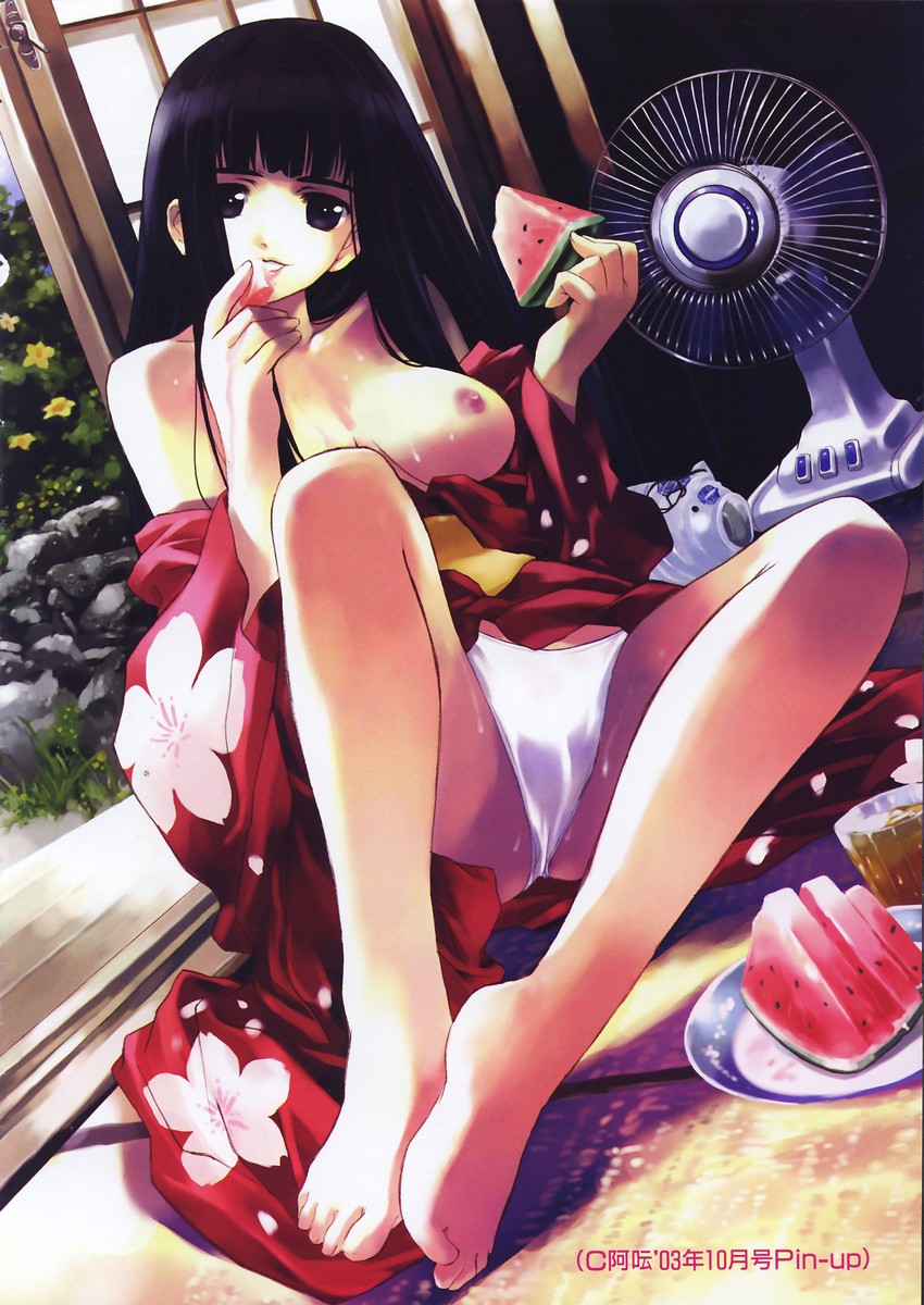 artist_request bare_shoulders barefoot black_eyes black_hair breasts clothes_down electric_fan feet food fruit highres japanese_clothes kimono long_hair medium_breasts nipples original panties sitting solo sweat toes underwear watermelon white_panties