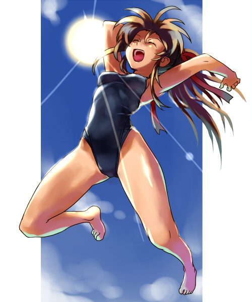 armpits barefoot brown_hair closed_eyes competition_swimsuit full_body jumping katahira_masashi lens_flare one-piece_swimsuit original solo sun swimsuit