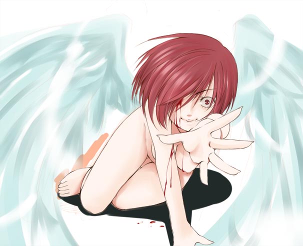 angel_wings arima_natsubon bad_id bad_pixiv_id blood breasts copyright_request crazy_eyes hair_over_one_eye nipples nude red_eyes red_hair short_hair small_breasts solo wings