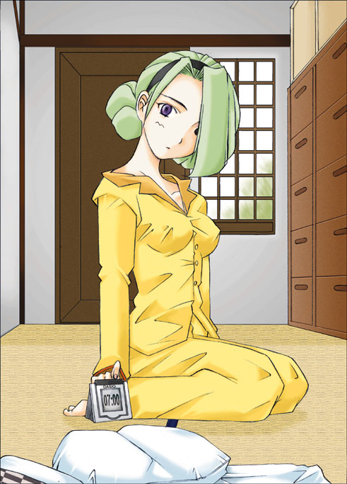 artist_request breasts clock covered_nipples d_(dual!_parallel_trouble_adventure) dual!_parallel_trouble_adventure green_hair hairband kneeling medium_breasts pajamas purple_eyes solo