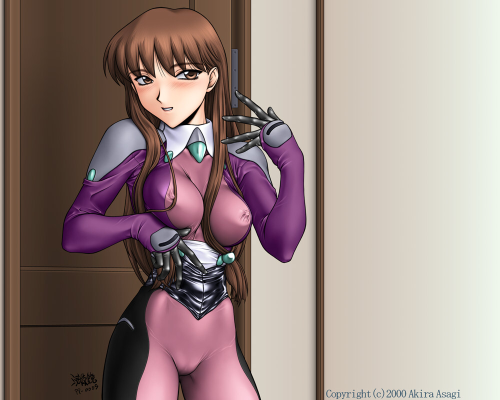1girl 2000 asagi_akira blush bodysuit breasts brown_eyes brown_hair cameltoe covered_nipples dual!_parallel_trouble_adventure groin impossible_clothes impossible_shirt long_hair medium_breasts multicolored multicolored_bodysuit multicolored_clothes pink_bodysuit purple_bodysuit sanada_mitsuki shirt signature skin_tight solo