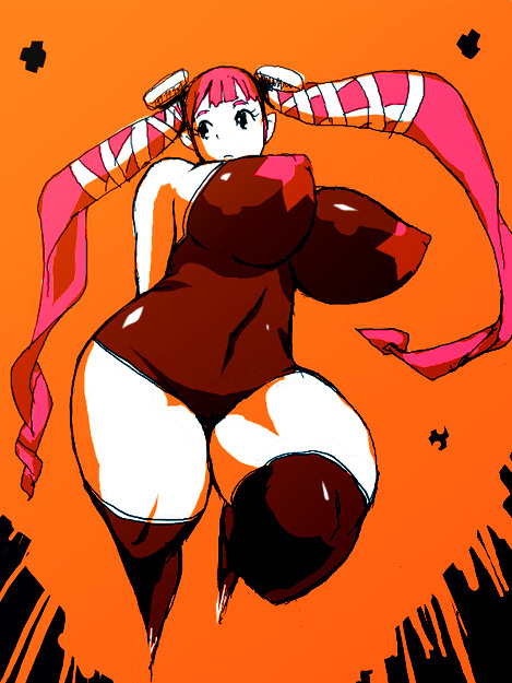 arms_behind_back breasts copyright_request covered_nipples curvy huge_breasts impossible_clothes long_hair orange_background pink_hair sleeveless solo thick_thighs thighhighs thighs twintails ya-zy