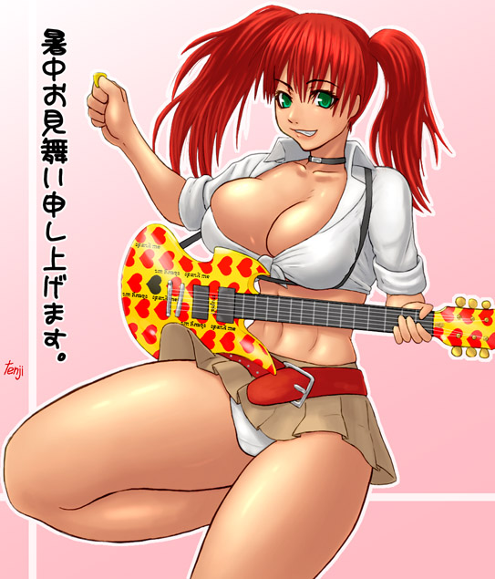 1girl breasts candy_cane_(rumble_roses) cleavage green_eyes guitar instrument large_breasts long_hair panties red_hair rumble_roses solo tenji translation_request twintails underwear