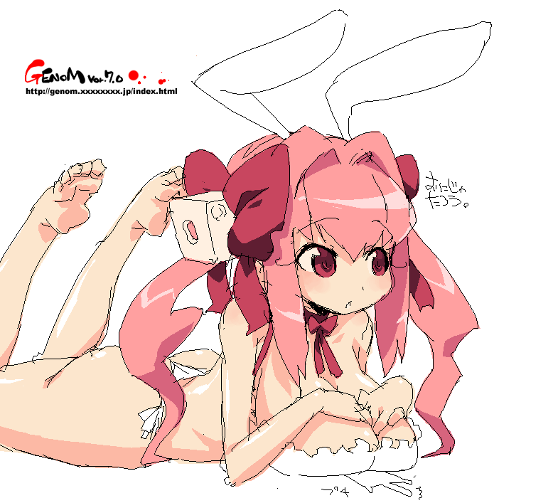 animal_ears barefoot breast_press breast_suppress breasts bunny_ears choker di_gi_charat dice huge_breasts oekaki onija_tarou pink_hair red_eyes sketch soles solo twintails usada_hikaru