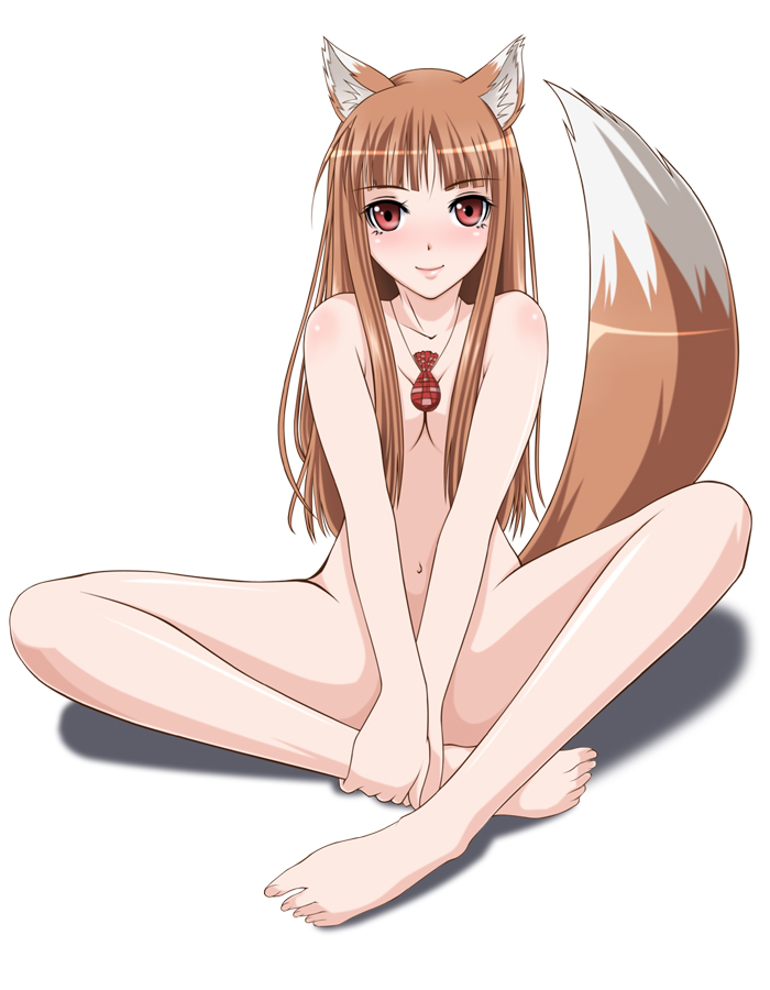 animal_ears bad_id bad_pixiv_id barefoot breasts brown_hair chiro cleavage feet full_body hair_censor hair_over_breasts hands_on_feet holo indian_style long_hair looking_at_viewer navel nude red_eyes simple_background sitting small_breasts solo spice_and_wolf tail white_background