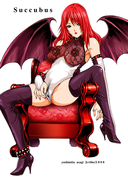 asagi_yoshimitsu bare_shoulders bat_wings boots breasts chair crotch_zipper demon_girl detached_sleeves gloves large_breasts long_hair original red_hair solo spread_legs succubus thigh_boots thighhighs wings zipper