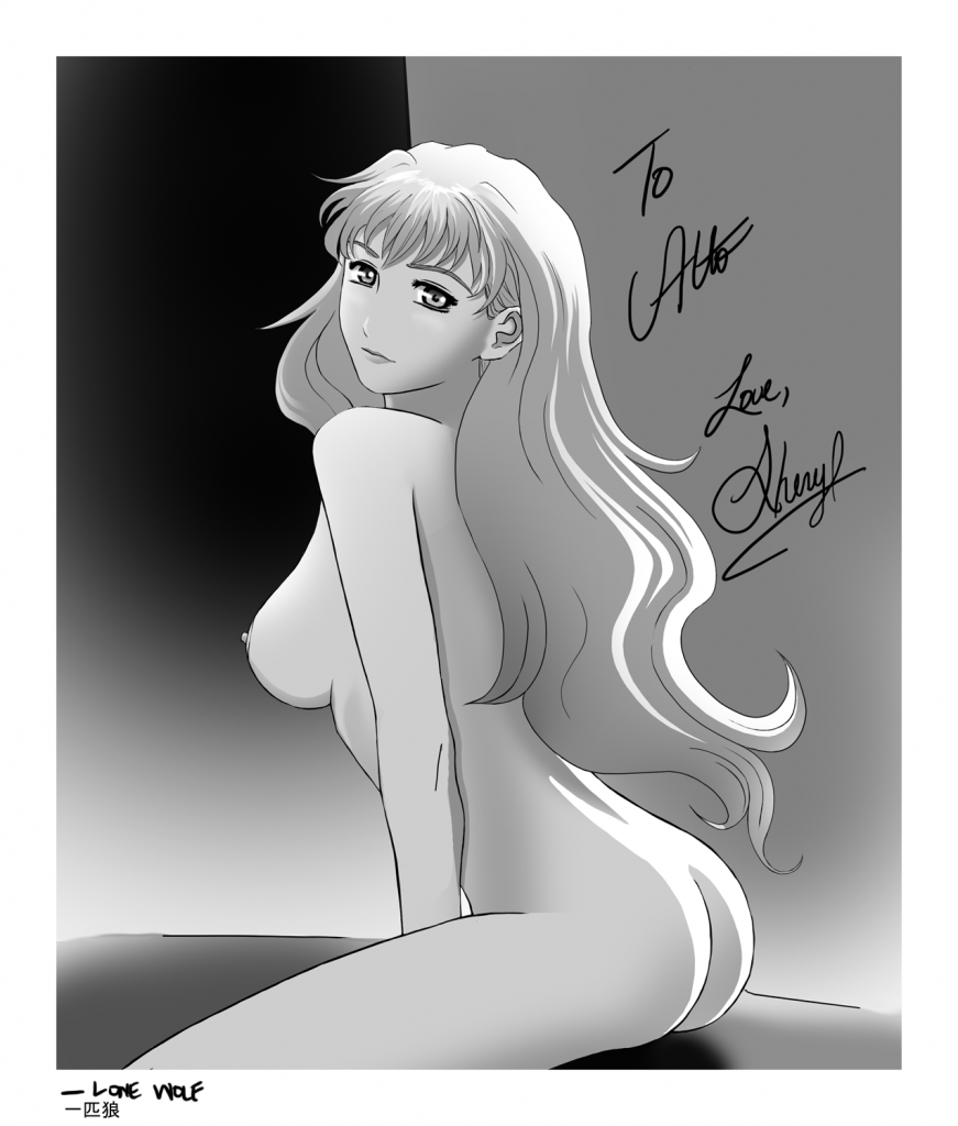 ass breasts greyscale large_breasts lone_wolf long_hair macross macross_frontier monochrome nude sheryl_nome solo