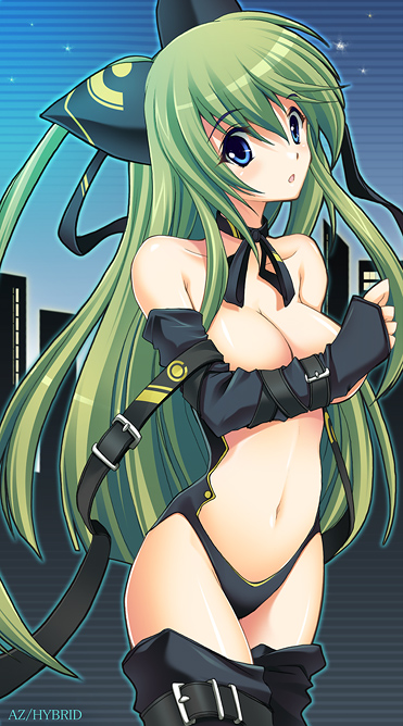 animal_ears belt blue_eyes breast_hold breasts covering detached_sleeves green_hair large_breasts long_hair original solo stomach thighhighs topless won_(az_hybrid)