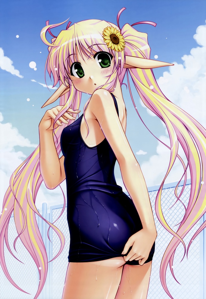 :o adjusting_clothes adjusting_swimsuit ass bekkankou blonde_hair blush breasts chain-link_fence cloud cowboy_shot day elf fence flower from_side green_eyes hair_flower hair_ornament hair_ribbon long_hair looking_at_viewer medium_breasts megami_creators one-piece_swimsuit pointy_ears ribbon school_swimsuit sky solo sunflower sunflower_hair_ornament swimsuit tan tanline thighs twintails very_long_hair wet