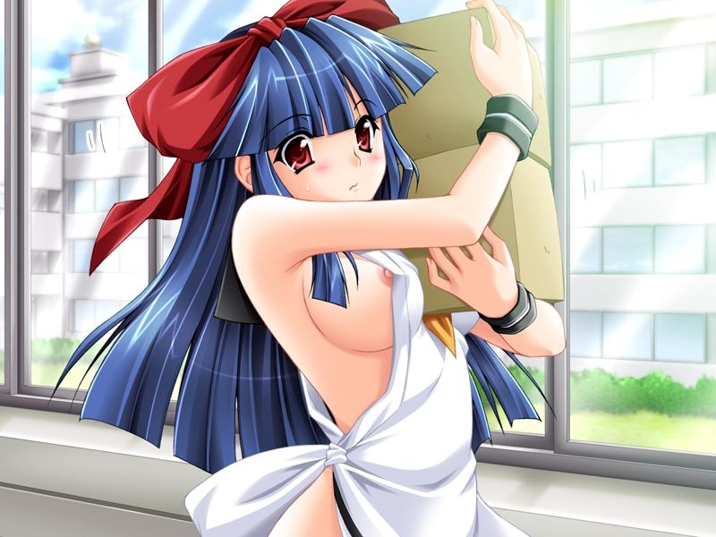 apron armpits bangs between_breasts blue_hair blunt_bangs blush bow box breasts building bush carrying cloud day embarrassed game_cg grass hadaka_apron_gakuen hair_bow indoors kazuma_muramasa large_breasts long_hair looking_at_viewer naked_apron nipple_slip nipples profile public_nudity red_eyes school school_uniform serafuku shiny shiny_hair sidelocks sky solo standing sweatdrop upper_body very_long_hair window wristband zuge_haruna