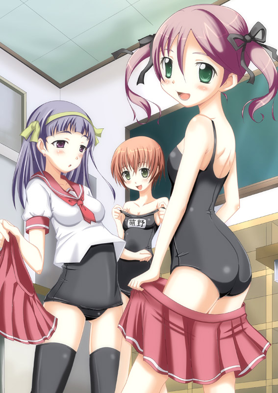 bad_id bad_pixiv_id black_school_swimsuit copyright_request long_hair multiple_girls name_tag no_pants one-piece_swimsuit pink_hair purple_hair red_hair ribbon school_swimsuit school_uniform short_hair skirt swimsuit swimsuit_under_clothes thighhighs yotsuha_(little_squash)