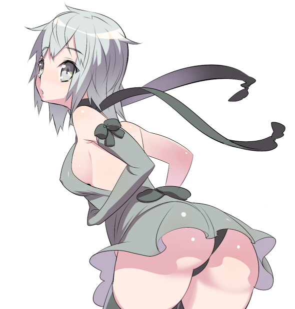 ass bad_id bad_pixiv_id breasts copyright_request dress elbow_gloves gloves large_breasts panties scarf short_hair sideboob silver_eyes silver_hair solo tensugi_takashi thighhighs underwear